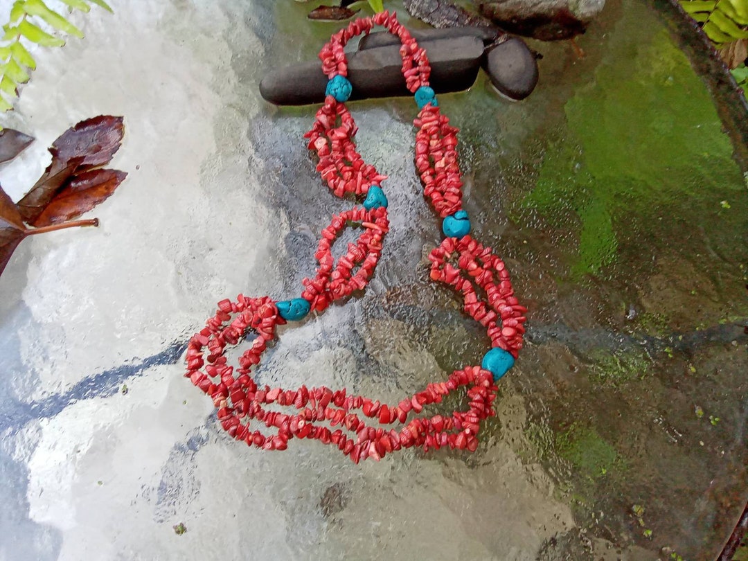 Red Coral Nuggets and Turquoise Bead Necklace Stunning Big Etsy UK