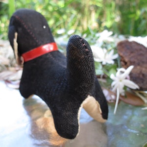 May include: A handmade black and tan dog plush toy with a red collar. The dog is made of fabric and has a stitched design. The toy is positioned on a reflective surface with a blurred background of greenery and white flowers.