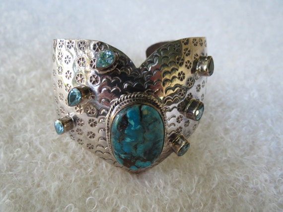 Big Turquoise Bracelet - Sterling Silver Cuff - S… - image 4