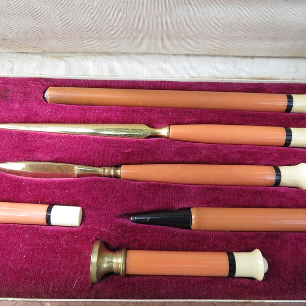 Art Deco Writing Set - Antique Boxed Desk Set - Celluloid Plastic Pencil Set - Excellent Condition