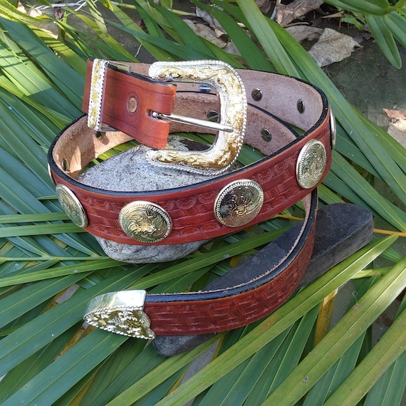 Vintage Hand Tooled Concho Leather Belt – Size 38 - Etsy display picture 1