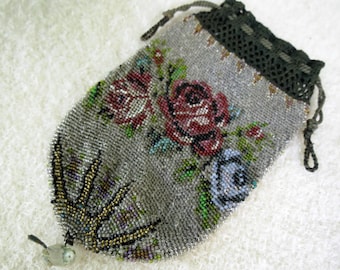 Beaded Glass Mesh Handbag - Victorian Purse - Antique Roses Needle Stitch Bag - Wonderful Condition