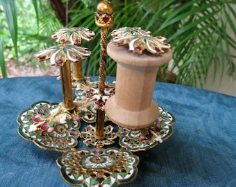 Antique Sewing Bobbin Holder - Austro-Hungarian Champlevé Enamel Thread Spool Rack