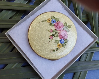 Antique Floral Enamel Powder Compact - Roses Design