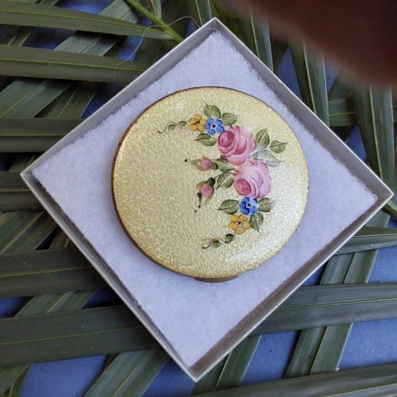 Antique Floral Enamel Powder Compact - Roses Design