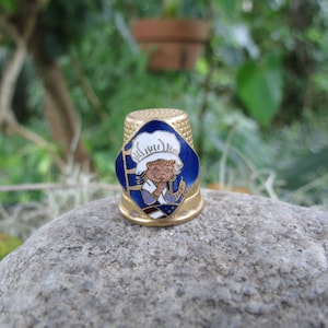 Antique Enamel Sewing Thimble - Victorian Style Little Girl - Brass - Excellent Condition