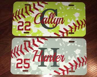 Baseball or Softball license plate for car front with monogram (or) license plate frame * Baseball Softball player * Baseball Mom Dad Gift