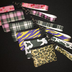 Christmas teen gift, Monogram wallet wristlet, Red pink plaid wristlet, Purple gold wallet, Concert small wallet, Cow or leopard coin purse