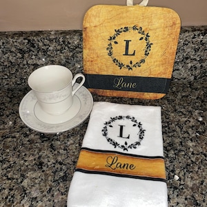 Monogram Mother's Day gift towel and potholder Tuscan design, Mediterranean towel potholder set, Hot pad personalized, Kitchen tea towel