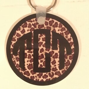 May include: A round keychain with a black and brown leopard print background. The keychain has a black monogram of the letters "TGT" in the center.