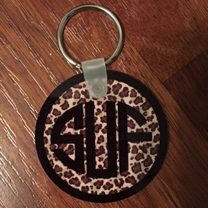 May include: A round keychain with a black and white leopard print background and a black monogram "SUF" in the center. The keychain has a silver metal ring.