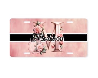 Monogram license plate initial letter pink flower, Car plate pink floral personalized, Mother's Day mom gift, Birthday gift, Auto accessory