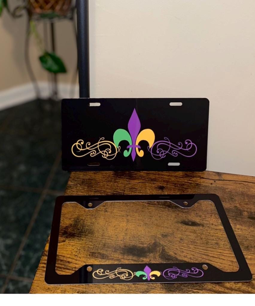 Fleur De Lis License Plate Frame Aluminum * Louisiana Purple Gold