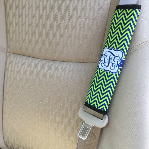 Monogram Seat belt pad cushion with chevron design