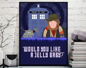 Puede incluir: Una ilustración azul y blanca de una caja de policía con un hombre con un sombrero marrón y una bufanda de pie junto a ella. Un pequeño robot está de pie frente a la caja de policía. El texto "Would you like a jelly baby?" está escrito debajo de la imagen.