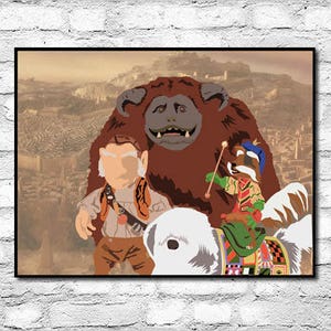 May include: A digital illustration of a scene from the movie Labyrinth. A furry brown creature with a toothy grin stands next to a man with a white beard and a red vest. A small creature with a blue hat and a red vest rides a white dog.