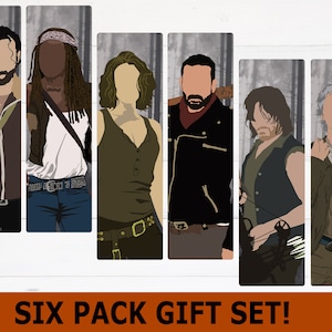 May include: Six illustrated bookmarks featuring characters from the TV show The Walking Dead. The characters are Rick Grimes, Michonne, Daryl Dixon, Carol Peletier, Maggie Greene, and Negan. The bookmarks are printed on a white background.