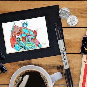 Desenho digital original do Transformers Optimus Prime - Impressão ACEO colecionável nº 1 - Presente de ficção científica geek com certificado de autenticidade assinado