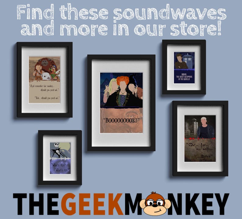 May include: Five framed prints with black frames and white mats. The prints feature illustrations of characters from popular movies and TV shows. The prints include a character from the movie "The Nightmare Before Christmas", a character from the movie "Hocus Pocus", a character from the TV show "Doctor Who", a character from the movie "The Goonies", and a character from the movie "The Sixth Sense".