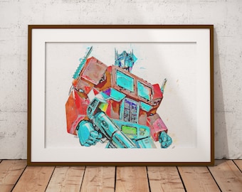 May include: A watercolor illustration of a red and blue robot with a large gun. The robot has a large head with a visor and a chest with a large window. The robot is standing on a white background.