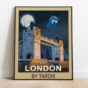 Visit London By Tardis City Vintage Travel Poster, Geeky Whovian Retro Style Sci-Fi Fan Art Print