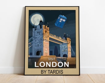 Visit London By Tardis City Vintage Travel Poster, Geeky Whovian Retro Style Sci-Fi Fan Art Print