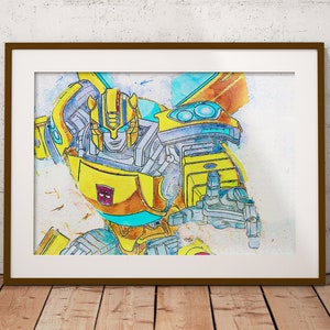 Pode incluir: Uma pintura em aquarela de um robô amarelo e azul com uma cabeça grande e detalhada e um braço poderoso estendido. O robô está sobre um fundo branco com respingos de tinta azul e amarela.
