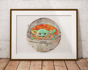 Custom Star Wars The Mandalorian Grogu Digital Line Drawing Sketch - Wall Art Poster Print - Geeky Sci-Fi Gift