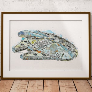 May include: A watercolor illustration of the Millennium Falcon spaceship from Star Wars. The spaceship is depicted in a light blue, gray, and orange color scheme, with details of the ship's design visible.