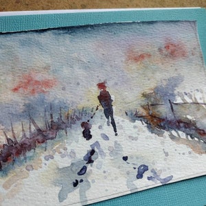Running with dog (5x7 greeting card) original Watercolor painting of trail runner (not a print)