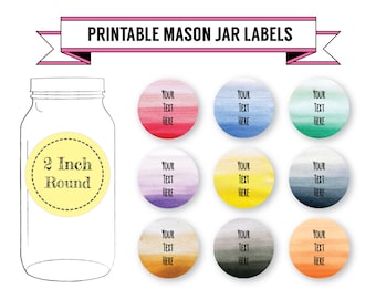 Printable DIY Ombre Mason Jar Labels, Canning Labels, 9 Designs, 2 Inch Round Labels, Editable, PDF, DOCX