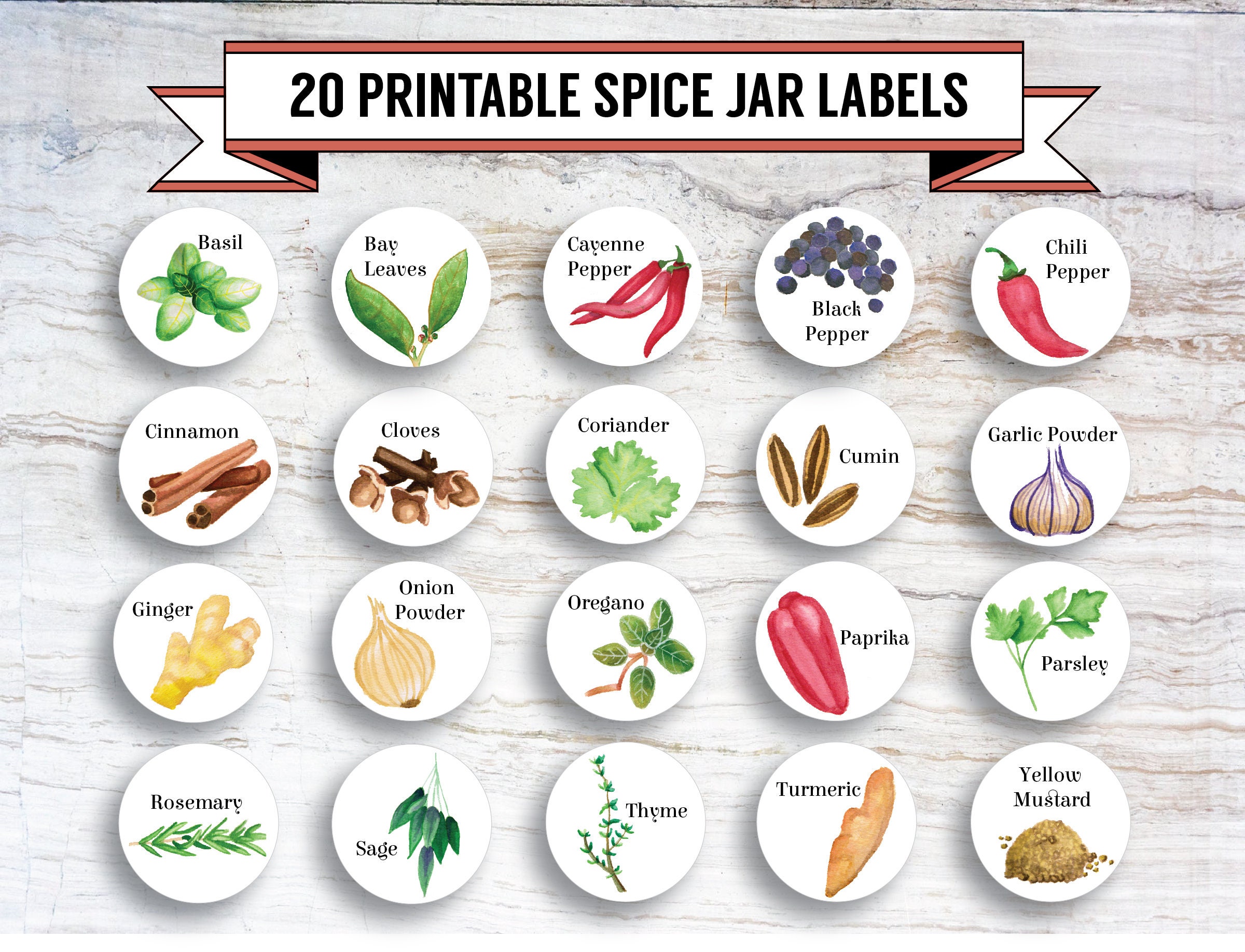 printable diy watercolour spice jar labels 20 labels 1 5 etsy