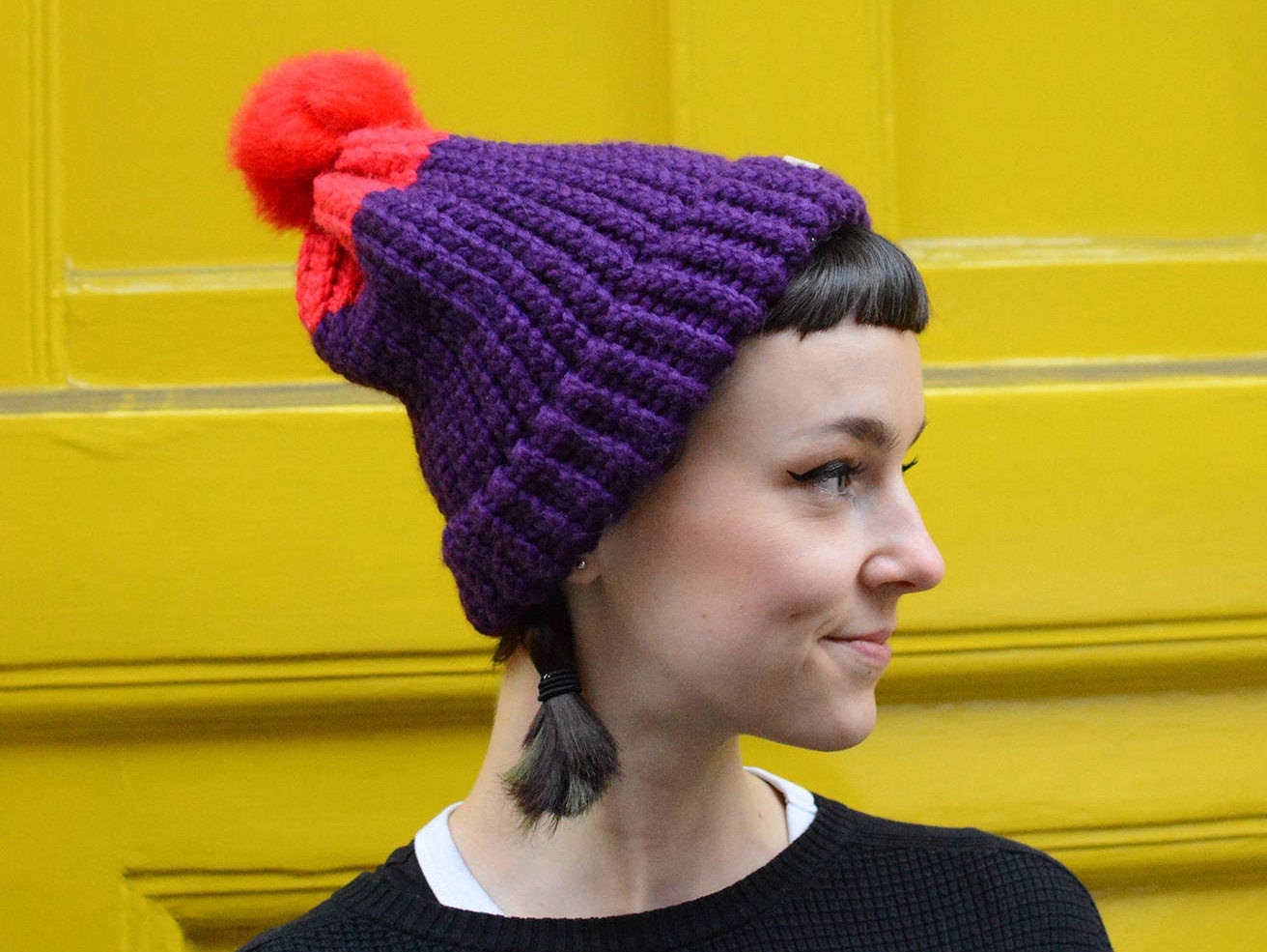 Purple-red Hat With Furry Pom Pom 