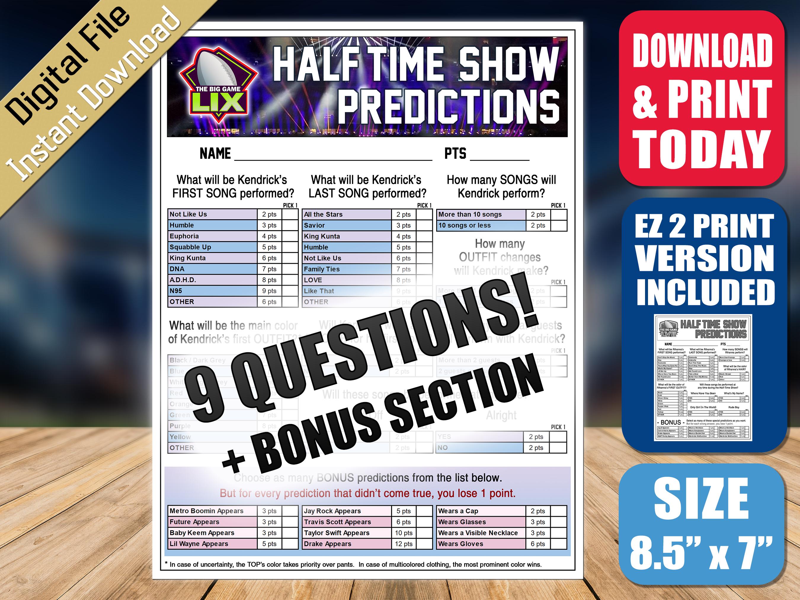 Super Half Time Show Prediction Game 59 - Printable Instant Download - Big Game 2025 LIX - Watch Party Prop Bet Sheet Questionnaire