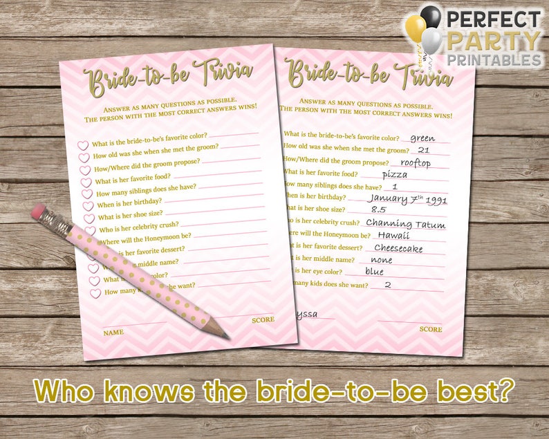 Bridetobe Trivia Bridal Shower Games Who Knows the Bride Etsy