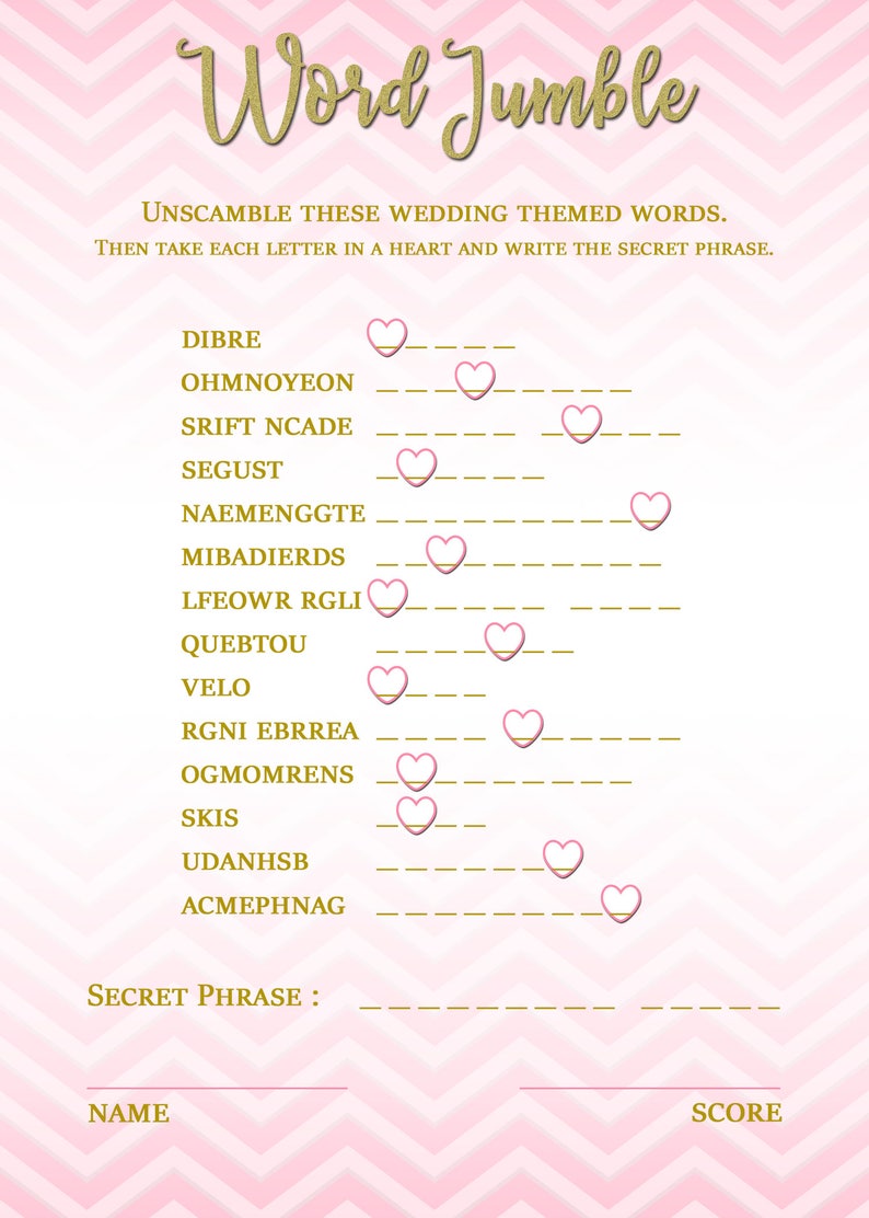 Word Jumble / Unscramble Bridal Shower Games Wedding Etsy