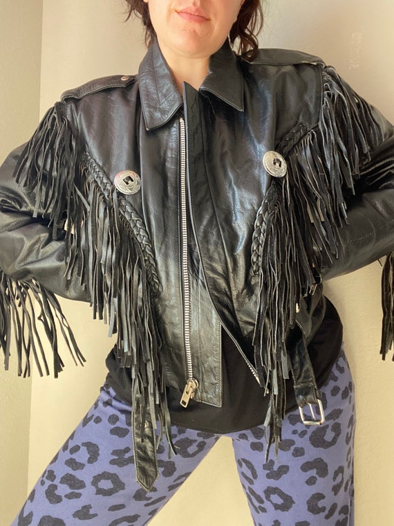 Vintage Black Leather Fringe Jacket - image 4