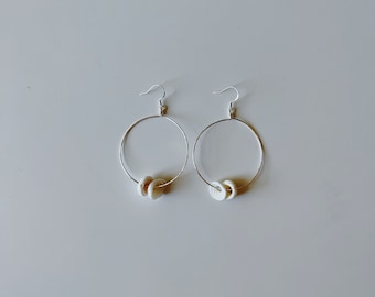 Silver Hammered White Puka Shell Hoop Earrings