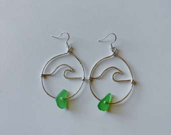 Hammered Green Sea Glass Wave Hoops