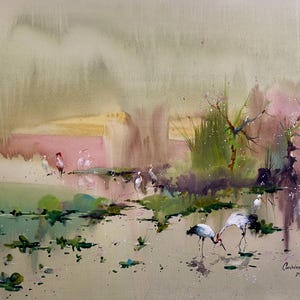 VENDUTO Dipinto originale ad acquerello Paesaggio primaverile regalo perfetto acquerello botanico fauna selvatica uccello pittura dai colori tenui regalo per la casa