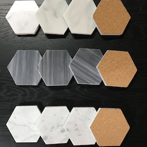 Natural Stone Real Italian Marble Hexagonal Coasters with Cork Backing - Set of 4