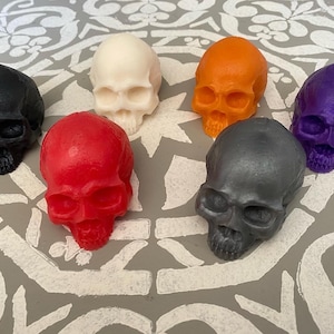May include: Seven small skull-shaped objects in various colors, including black, white, red, orange, and purple. The skulls are arranged in a semi-circle on a patterned surface.