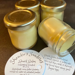 Beard balm- 2 oz.  cedarwood scent.  Softens, conditions and controls facial hair.