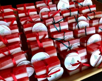 Candy cane soap, red and white stripes, peppermint scent.  Full size bars (over 4 oz)