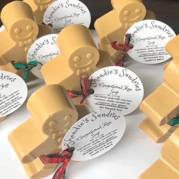 Gingerbread man soap, 2.5 oz each, 3” x 2” x1”, gingerbread scented.