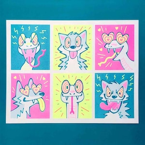 Könnte beinhalten: Eine bunte Illustration von sechs verschiedenen Tieren mit unterschiedlichen Gesichtsausdrücken. Die Tiere sind eine Schlange, ein Wolf und eine Schlange. Die Tiere sind im Cartoon-Stil mit leuchtenden Farben und kräftigen Linien gezeichnet. Die Tiere schauen alle mit unterschiedlichen Gesichtsausdrücken, darunter glücklich, traurig, wütend und überrascht, den Betrachter an.