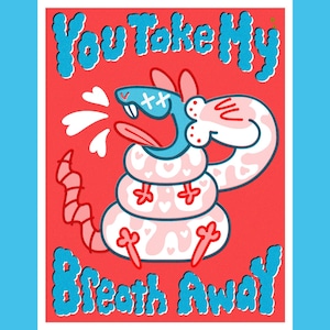 May include: A pink and blue cartoon rat with a heart-shaped tail and the text "You Take My Breath Away" on a red background.