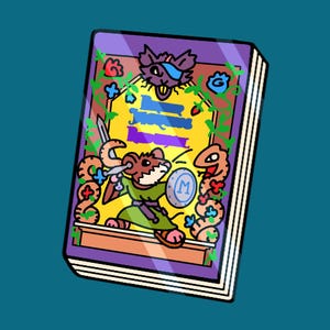 Pode incluir: Ilustração de desenho animado de um livro com capa roxa e páginas brancas. A capa do livro apresenta um guerreiro rato com uma espada e um escudo, rodeado por desenhos florais e semelhantes a cobras. Uma criatura semelhante a um pássaro está no topo.