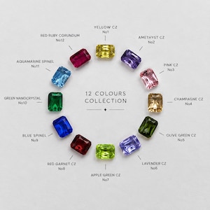 Pode incluir: Uma coleção de 12 pedras preciosas retangulares facetadas dispostas em círculo, rotuladas como 12 COLOURS COLLECTION. As pedras são amarela, roxa, rosa, champanhe, verde-oliva, lavanda, verde-maçã, vermelha, azul, verde, azul-claro e rubi.