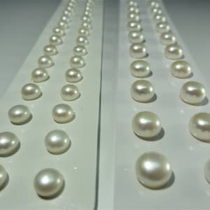 Puede incluir: Dos filas de perlas blancas dispuestas sobre una superficie blanca. Cada fila tiene 12 perlas.